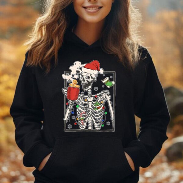 Christmas Skeleton With Smiling Skull Drinking Coffee Latte Unisex Hoodie