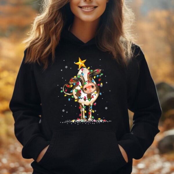 Cow Reindeer Hat Santa Christmas Lights Funny Cow Christmas Unisex Hoodie