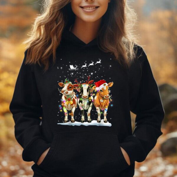 Cow Reindeer Santa Hat Christmas Light Funny Cows Lover Xmas Unisex Hoodie