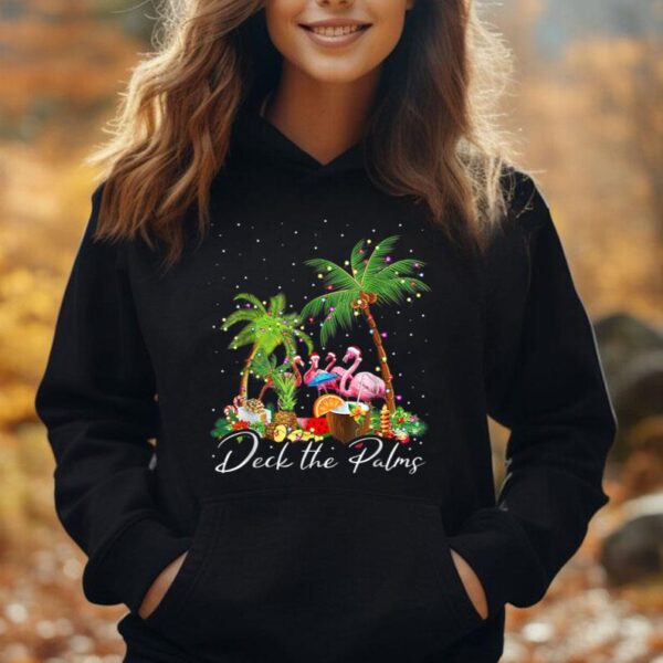 Deck The Palms Flamingo Christmas Palm Tree Lights Pajama Unisex Hoodie