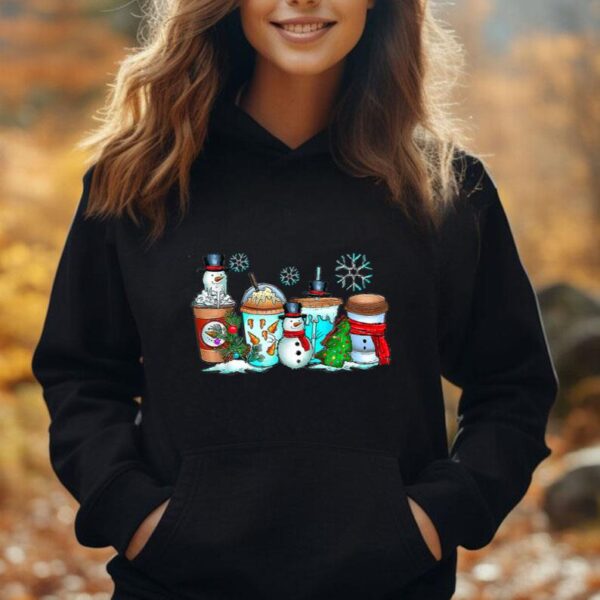 Funny Christmas Coffee Cups Snowman Retro Groovy Xmas Tree Unisex Hoodie