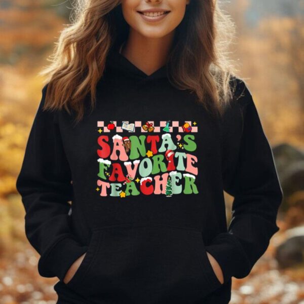 Funny Christmas Santas Favorite Teacher Xmas Retro Pajama Unisex Hoodie