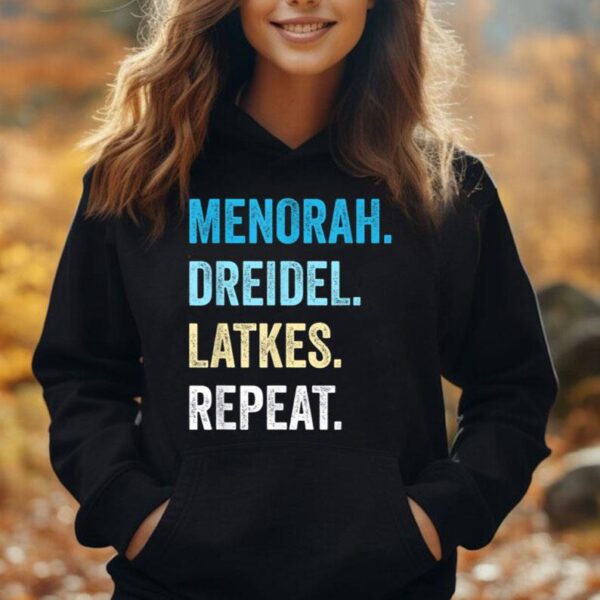 Funny Hanukkah Menorah Dreidel Latkes Repeat Jewish Chanukah Unisex Hoodie