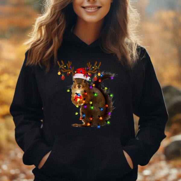 Funny Squirrel Christmas Tree Lights Reindeer Santa Hat Xmas Unisex Hoodie