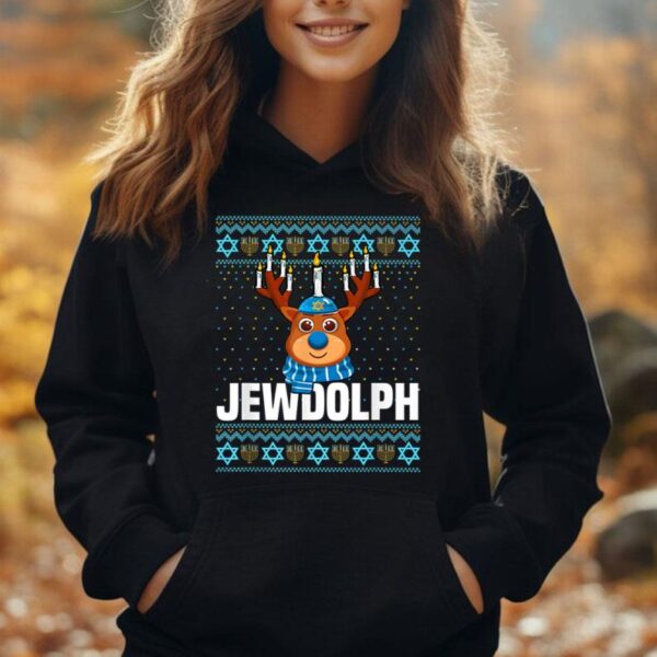 Jewdolph Ugly Hanukkah Sweater Reindeer Menorah Chanukah Unisex Hoodie