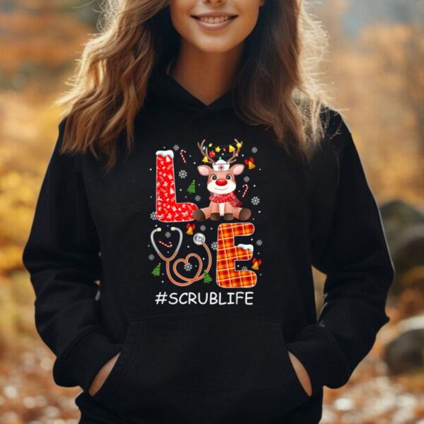 Love Reindeer Scrub Life Nurse Christmas Lights Red Plaid Unisex Hoodie