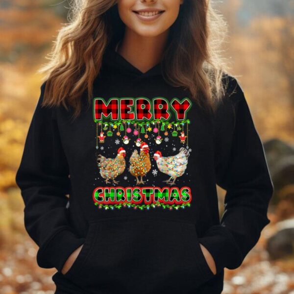 Merry Christmas Chicken Lights Buffalo Plaid Red Green Xmas Unisex Hoodie