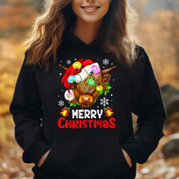 Merry Christmas Highland Cow Western Santa Hat Xmas Pajamas Unisex Hoodie