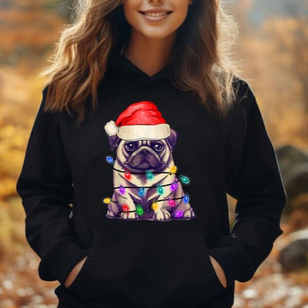 Pug Santa Hat Christmas Tree Lights Funny Dog Lover Xmas Unisex Hoodie