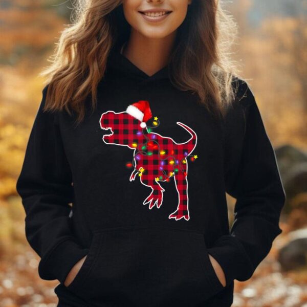 Red Plaid Buffalo Dinosaur Christmas Lights Pajamas Family Unisex Hoodie