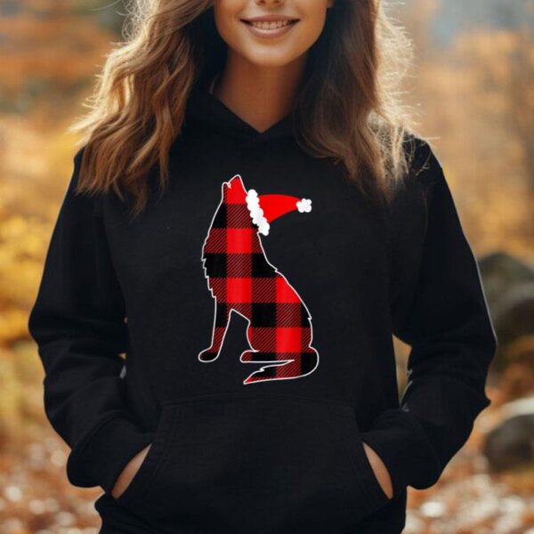 Red Plaid Wolf Santa Hat Christmas Pajama Wolf Lover Unisex Hoodie