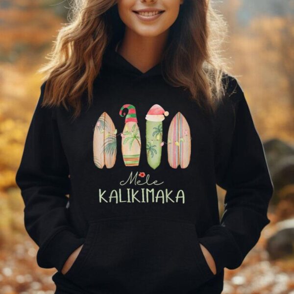 Retro Surfboard Santa Hat Mele Kalikimaka Hawaiian Christmas Unisex Hoodie