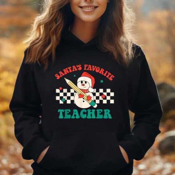 Santa's Favorite Teacher Snowman Groovy Retro Christmas Xmas Unisex Hoodie