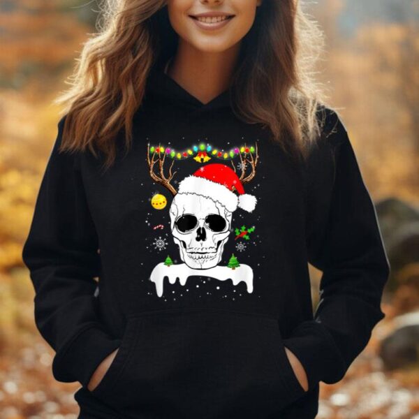 Skull Santa Reindeer Christmas Lights Shirt Scary Skull Xmas Unisex Hoodie