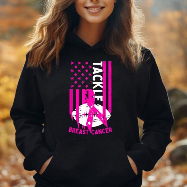 Tackle Football Pink Ribbon Breast Cancer Awareness USA Flag Unisex Hoodie