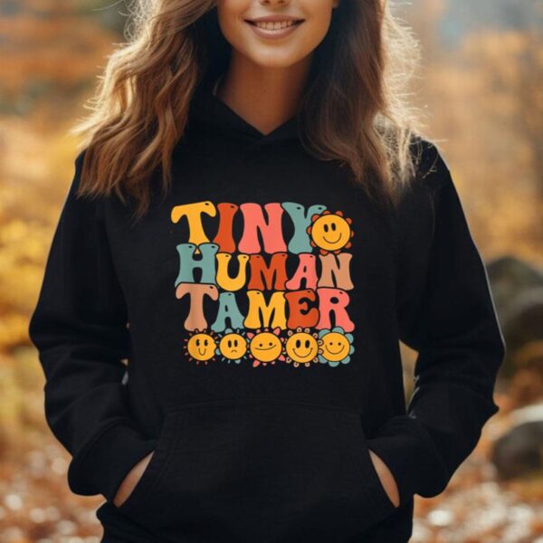 Tiny Human Tamer Retro Groovy Preschool Kindergarten Teacher Unisex Hoodie