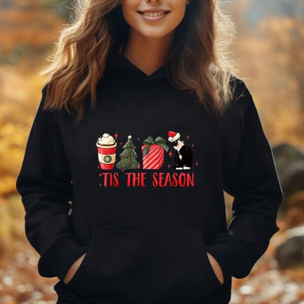 Tis The Season Christmas Tree Coffee Tuxedo Cat Santa Hat Unisex Hoodie