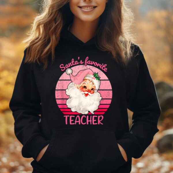 Vintage Santa's Favorite Teacher Funny Santa Pink Christmas Unisex Hoodie