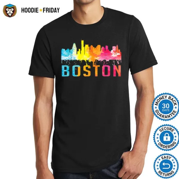 Boston Massachusetts Retro Watercolor Skyline Souvenir   B07R7Zc8X4 Shirts