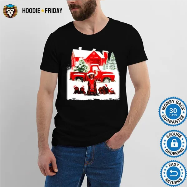 Chocolate Labrador Santa Hat Red Truck Tree Farm Christmas Shirts