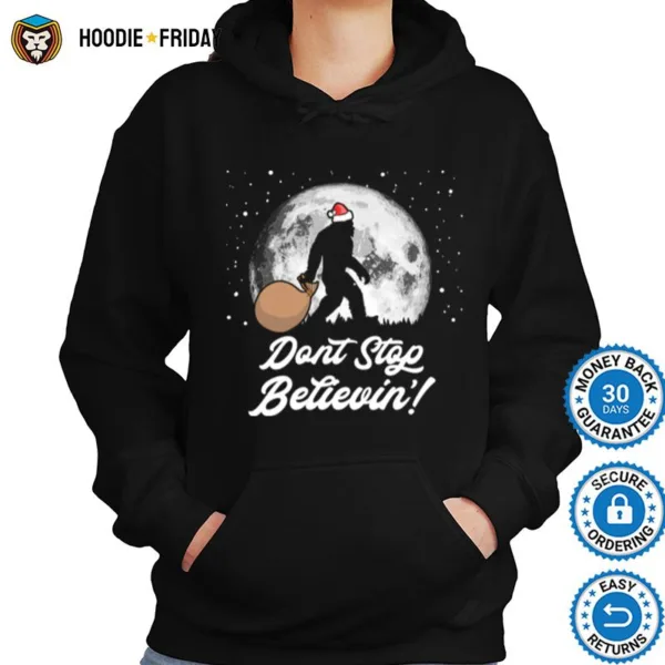 Dont Stop Believin Funny Bigfoot Santa Moon Christmas Shirts