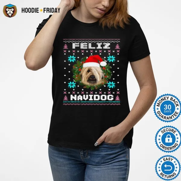 Feliz Navidog Briard Dog Santa Hat Funny Ugly Christmas Shirts