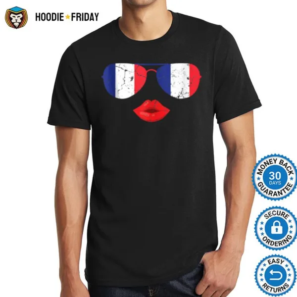 French Sunglasses Kissing Lips French Flag Shirts