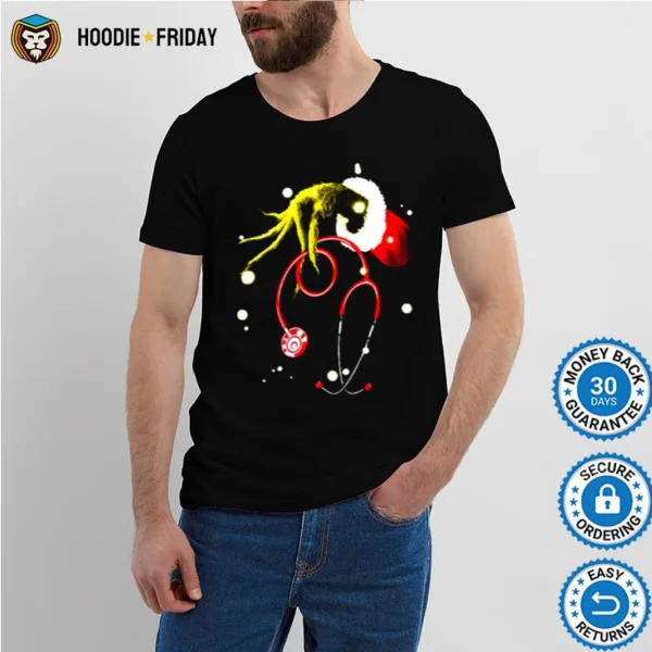 Grinch Holding Stethoscope Christmas Nurse Shirts