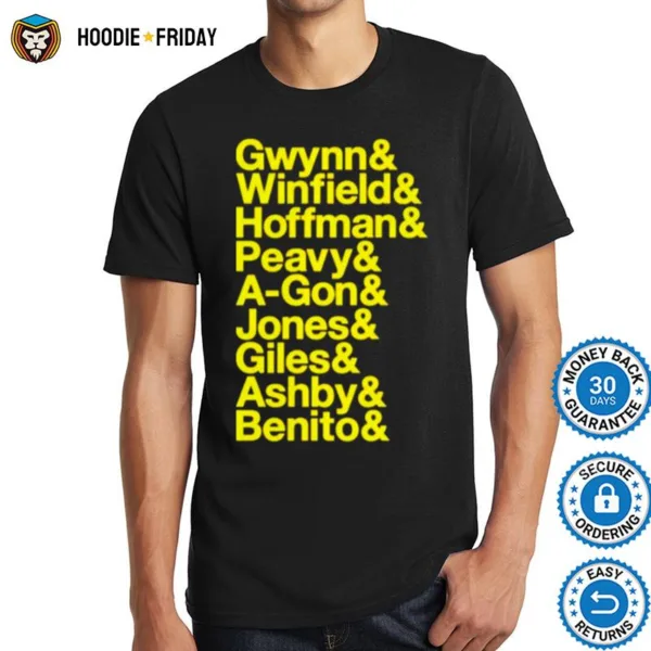 Gwynn Winfield Hoffman Peavy A Gon Jones Giles Ashby Benito San Diego Baseball Shirts