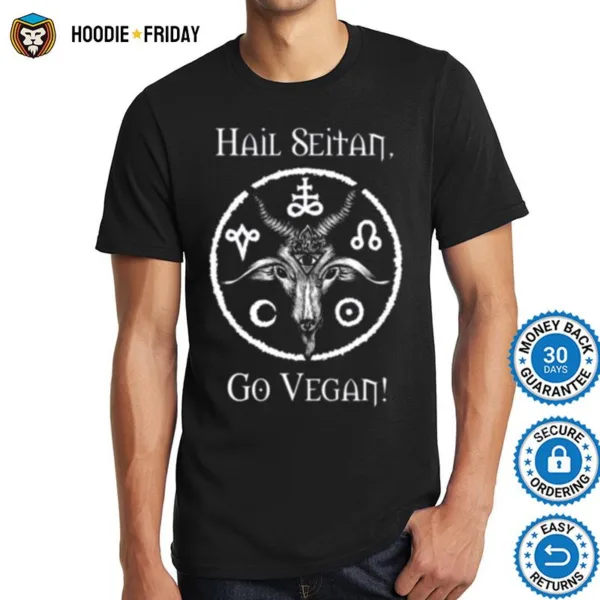 Hail Seitan Go Vegan Funny Satanic Pun Baphomet Illustration Shirts