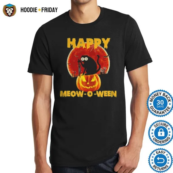 Halloween Black Cat Hold Knife Happy Meow O Ween Shirts